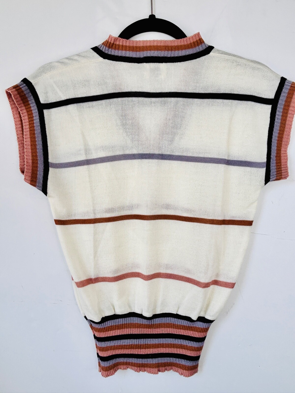 VTG 70’S TAMI SPORTSWEAR OFF WHITE BLACK PURPLE STRIPE RIBBED V-NECK SWEATER*S