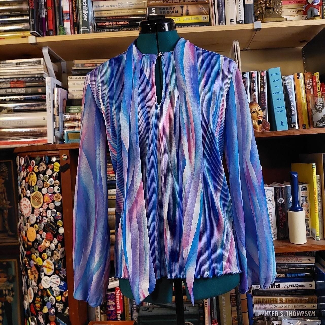Vintage blue, pink, and purple tie collar long sleeve top.
