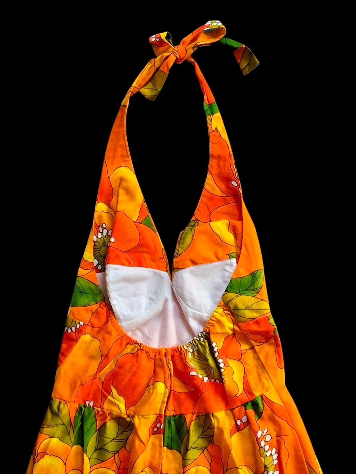 Vintage 1970s Sun Fashions of Hawaii Orange Tropical Floral Halter Maxi Dress |