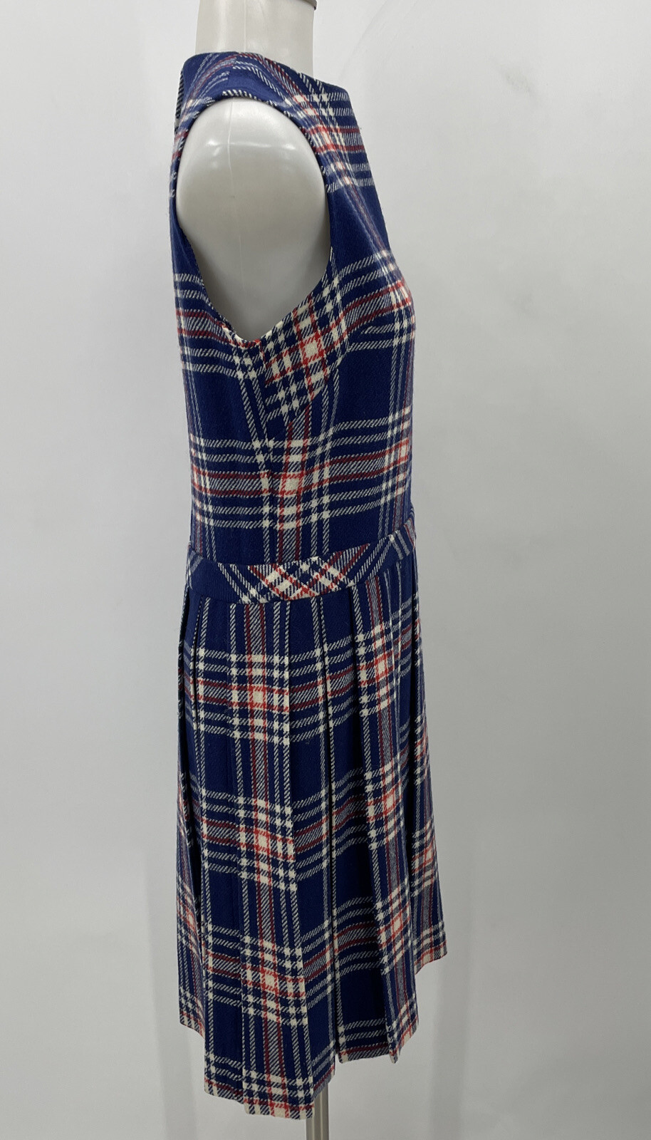 Vintage 60 s 70 s Girltown Blue Plaid Jumper Pleated Dress Decorative Pin Grunge