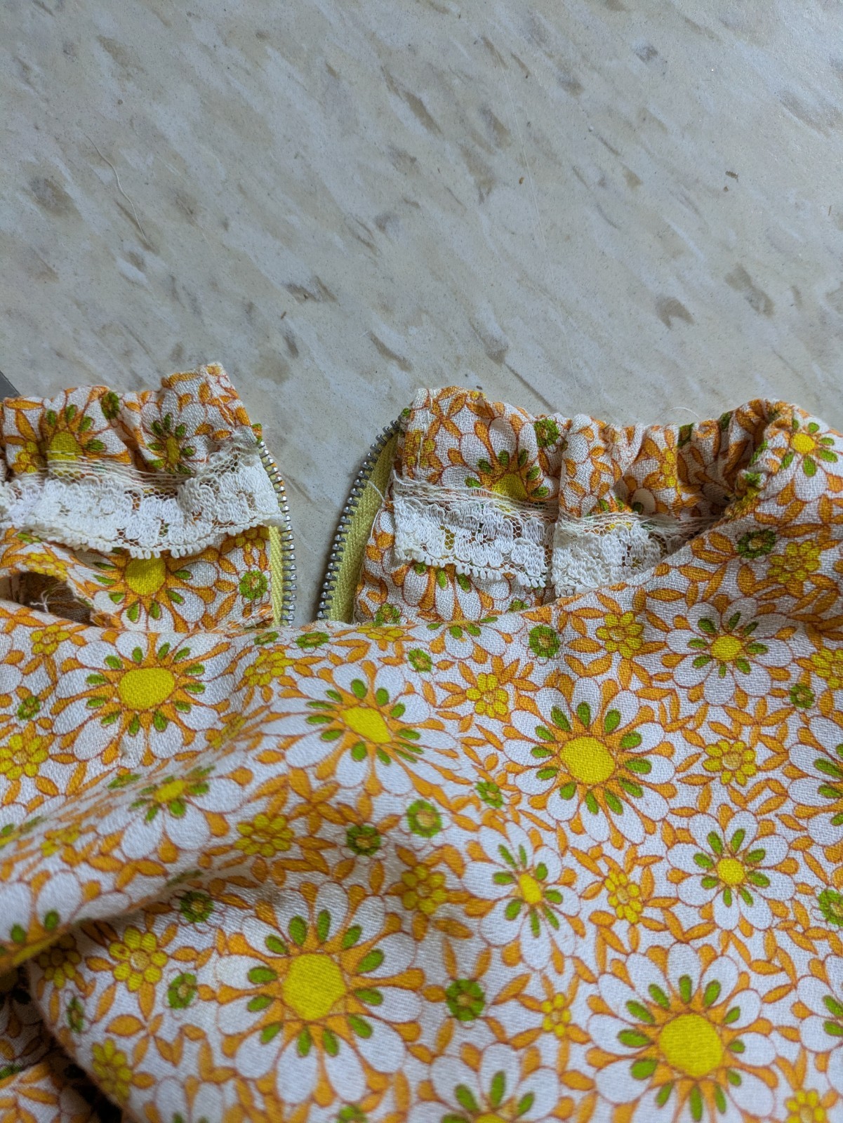 Vtg 1970 Psychedelic Floral Prairie Hostess Dress Yellow Orange Daisy Print Maxi