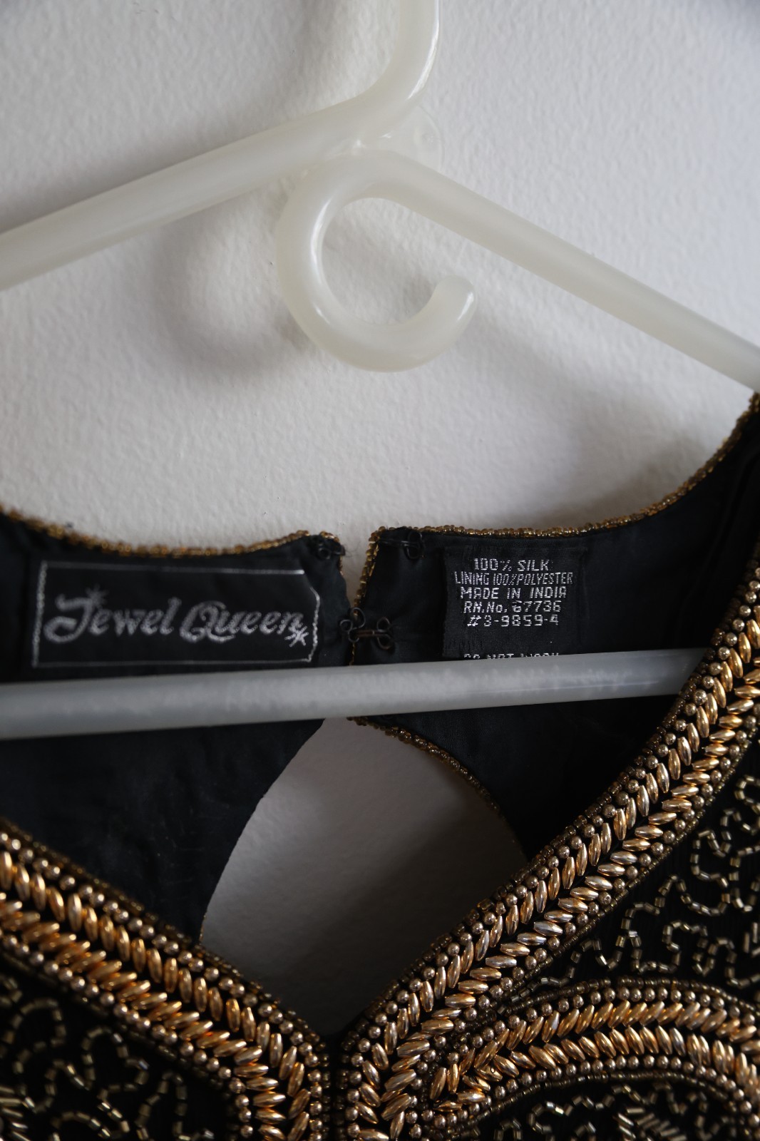 Vintage Jewel Queen 100% Silk Beaded Sequin Gown Dress Black Gold Silver Size 4
