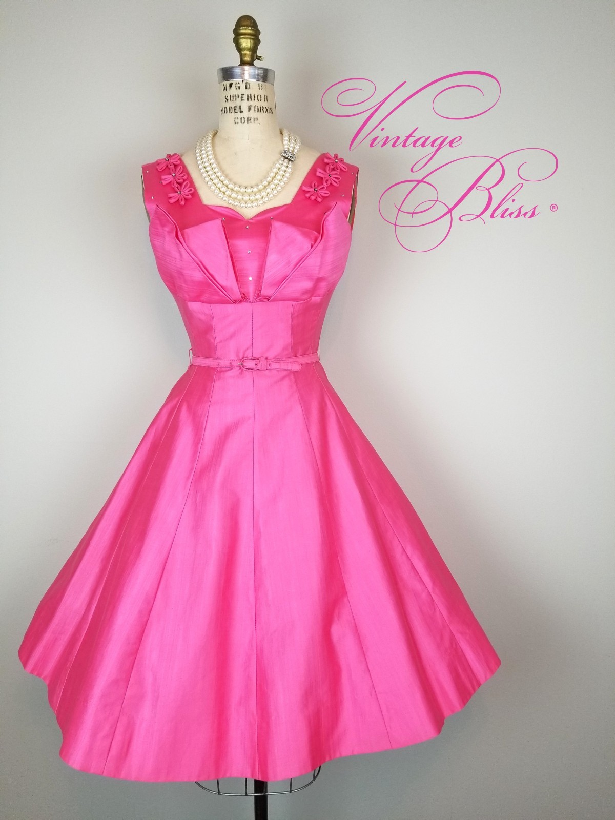 Vintage 1960’s Hot Pink Party Dress Rhinestone & Floral Details Ladies Size Sm