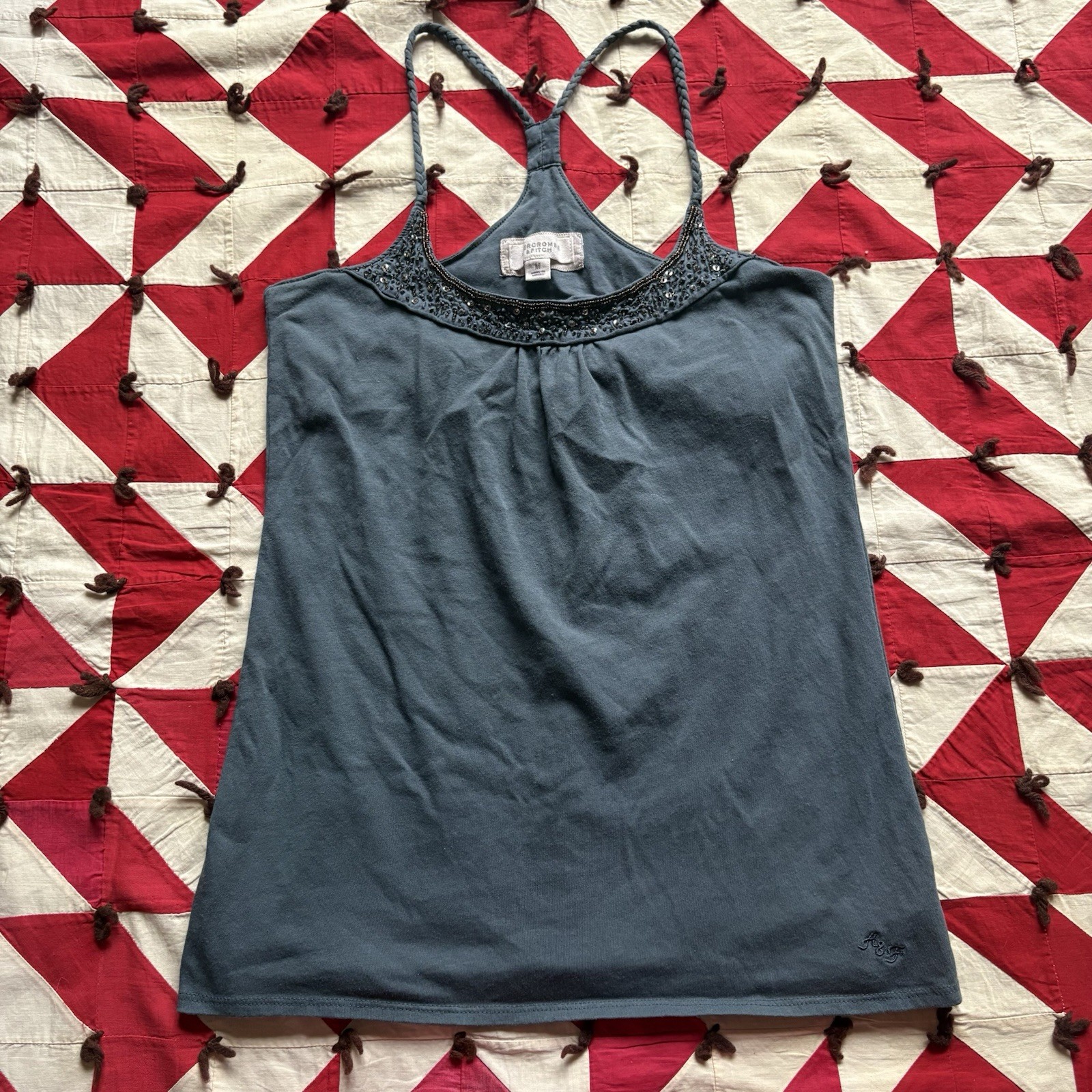 Vintage Y2K Abercrombie And Fitch Beaded Baby Doll Tank Used Blue Cami Size M