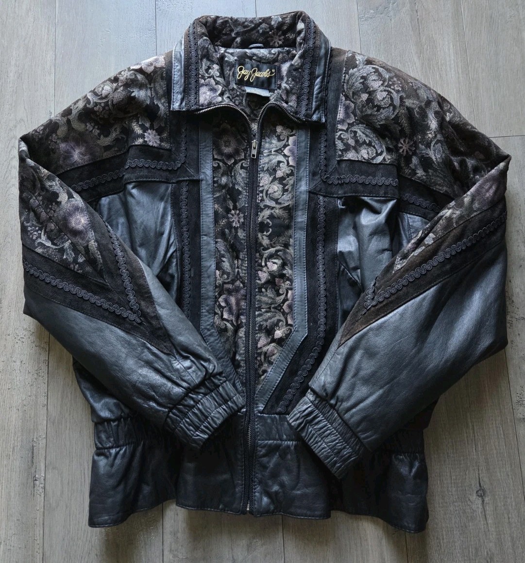 Vtg 80s 90s Jay Jacobs Leather Tapestry Floral Paisley Bomber Jacket Large