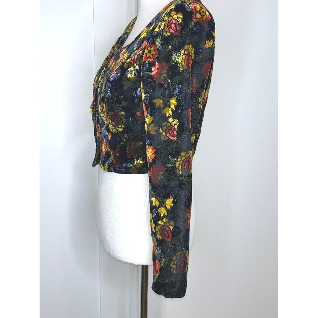 Vintage French Connection Floral Velvet Burnout Cropped Jacket Multi-Color 90s M
