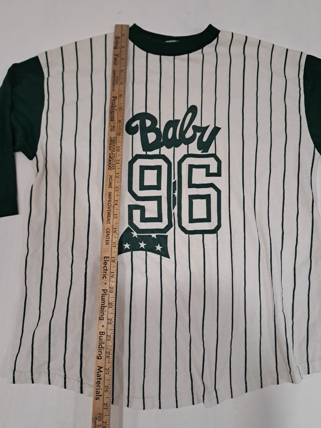 Vtg 90s Baseball T Shirt Tee Baby ’96 Green Stripes Maternity 3/4 Sleeve L/XL