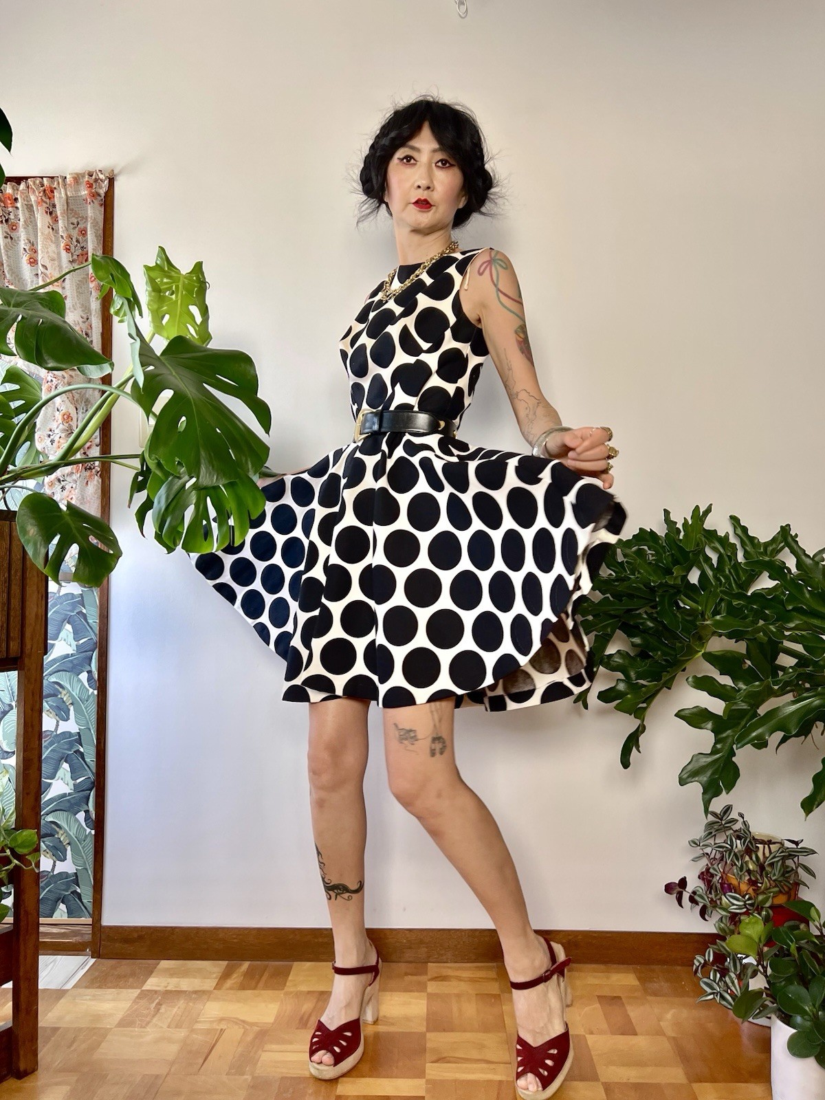 VTG 60s does 50s SABA CA Polka Dot Circle Skirt Dress Bullet Bust Mod S/M