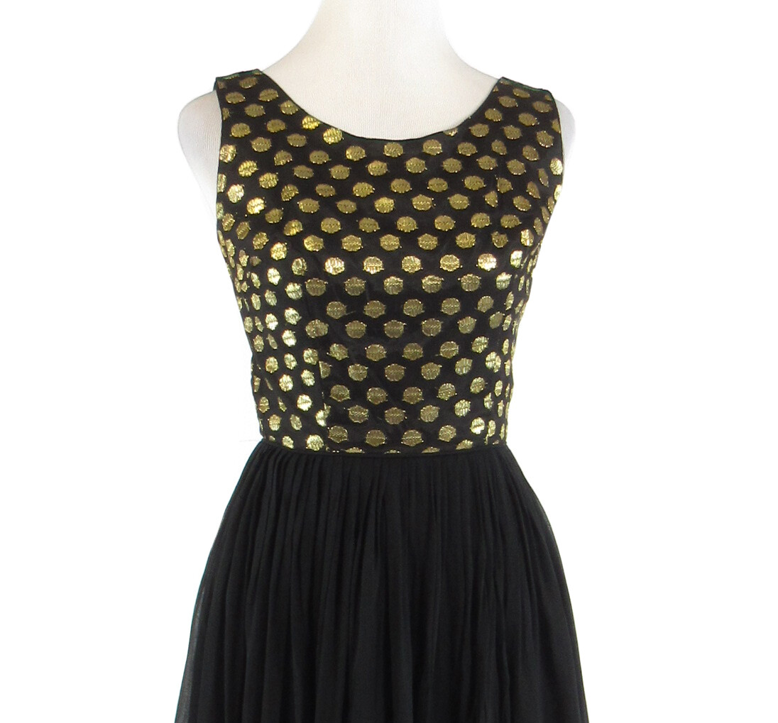Black gold polka dot sheer overlay shimmery vintage dress 11 XS