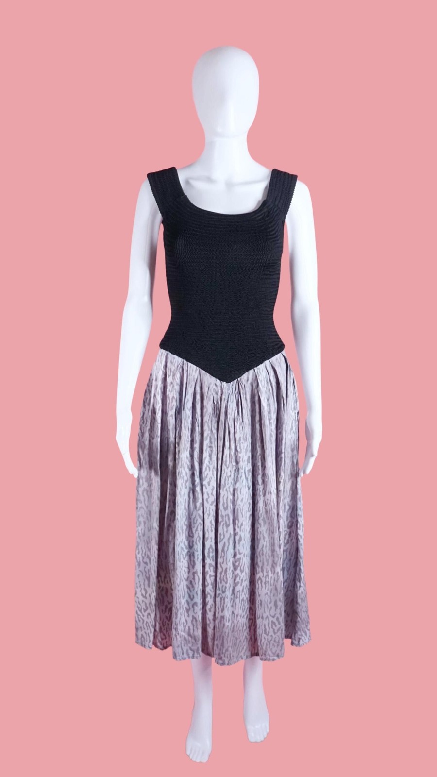 1980s-1990s CLUES COLLECTIONS. Smocked Drop Waist. LEOPARD Print Dress. S-M