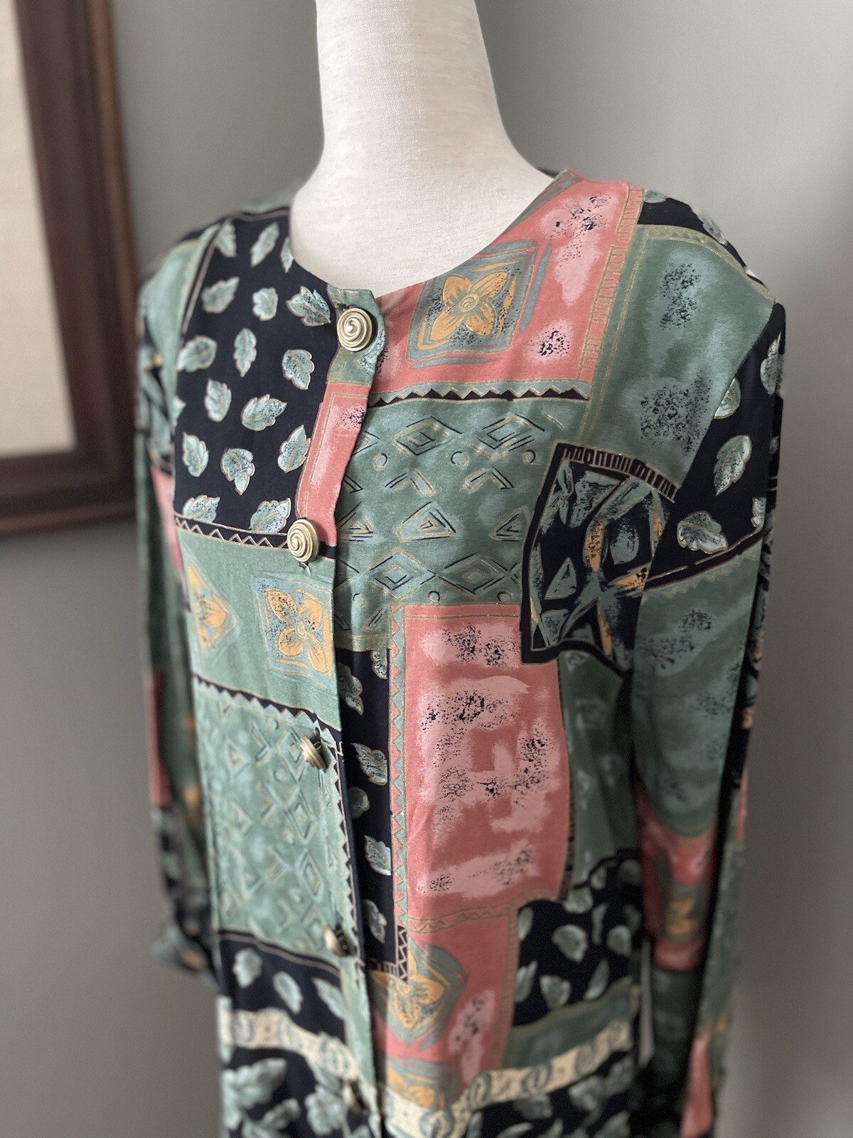 Vintage 80s 90s Shoulder Pad Patchwork Style Button Up Top Gold Spiral Buttons