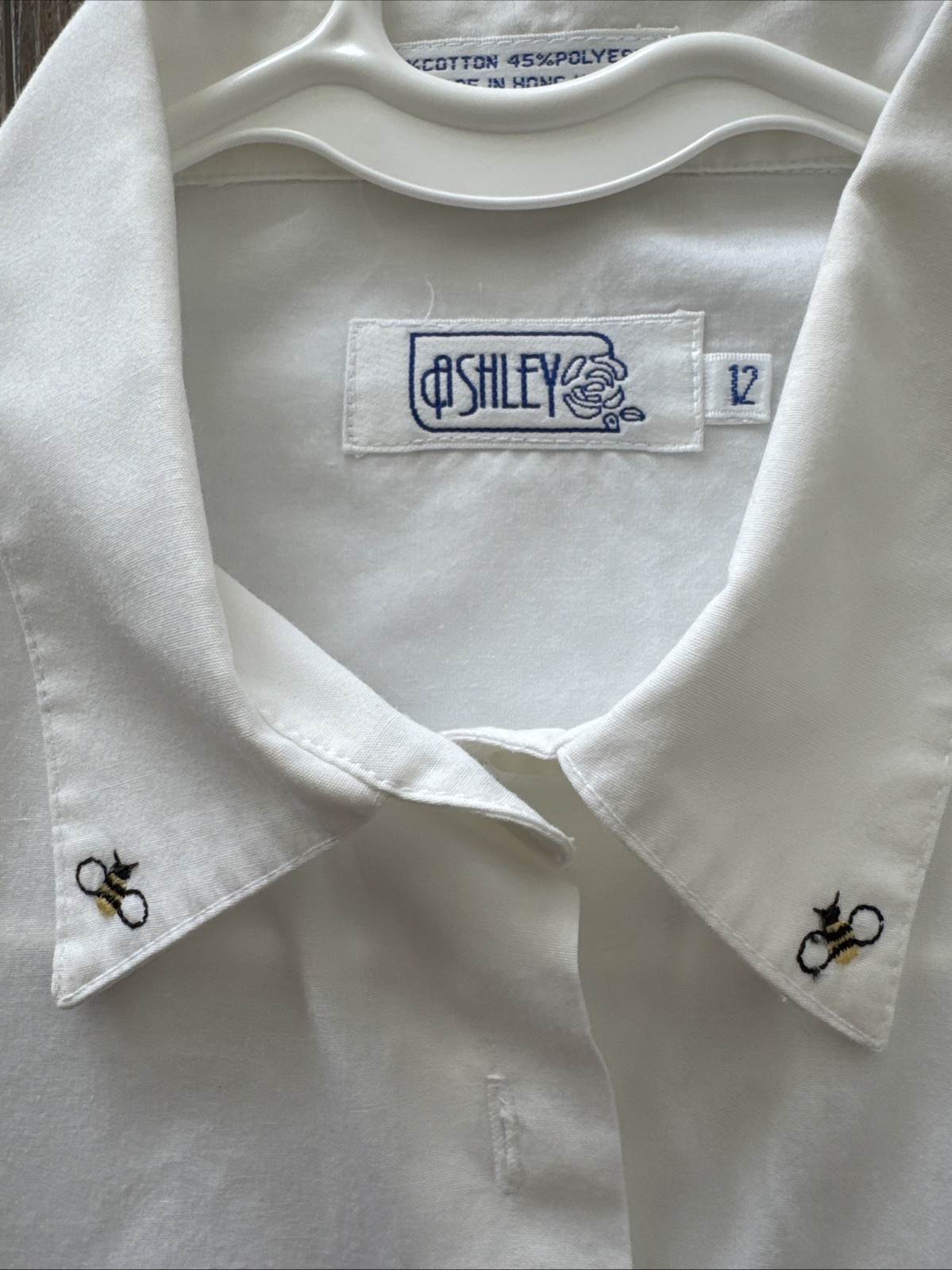 Cotton Blend Blouse 12 Vintage White Short Sleeve Embroidered Flowers Bees E2