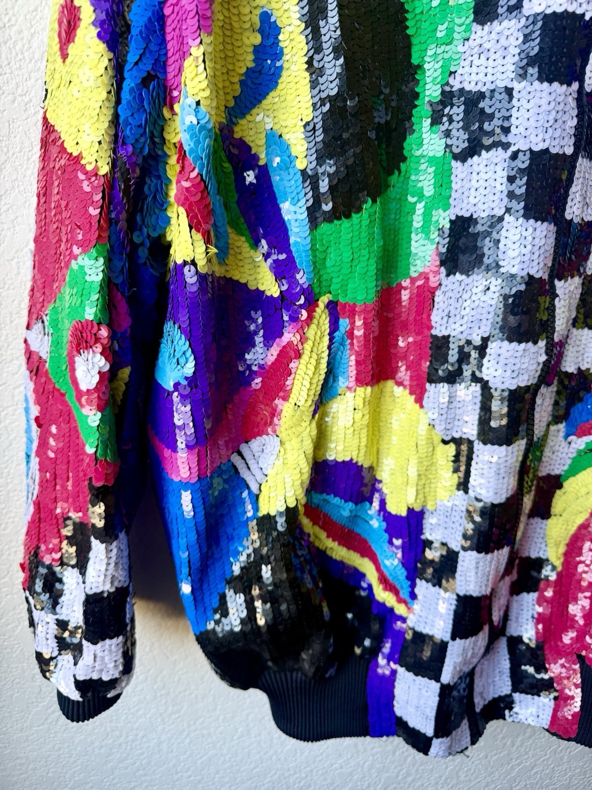 Vintage 80s Sequin Beaded Colorblock Art Deco Zip Jacket Statement Coat Glam XL