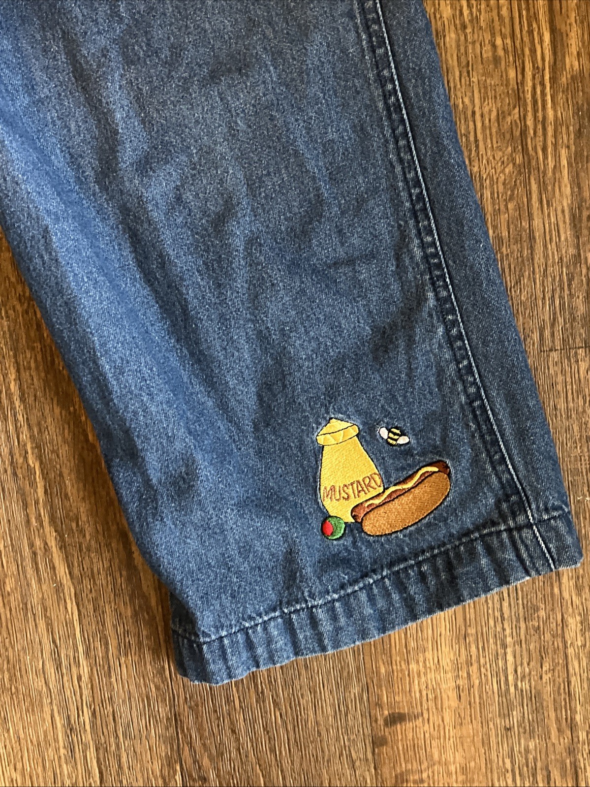Mandal Bay Vintage 90s Denim Overalls XXL Applique Heart Hotdog Mustard Bee W