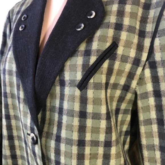 Vintage 90s wool checkered olive green and black blazer jacket, Plus size XL