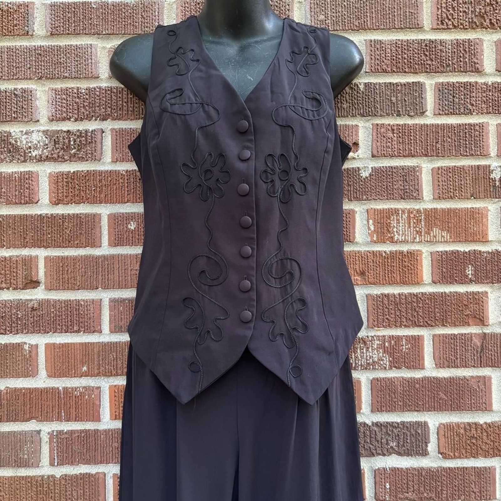 Vintage Nu Oz Bodycon Back zipper Faux Vest Back tie Black Jumpsuit USA Sz 9-10