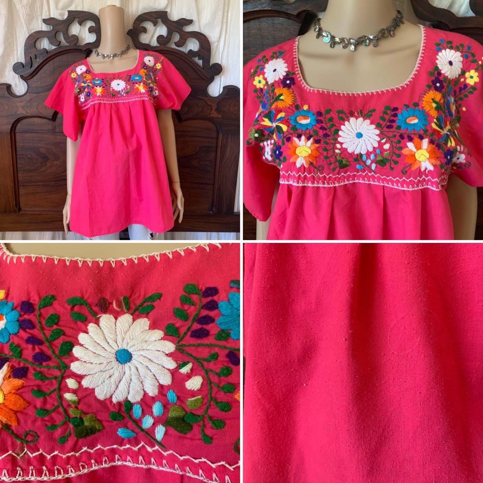Vintage 80s 90s Mexican pink & multicolor floral embroidered cotton top blouse