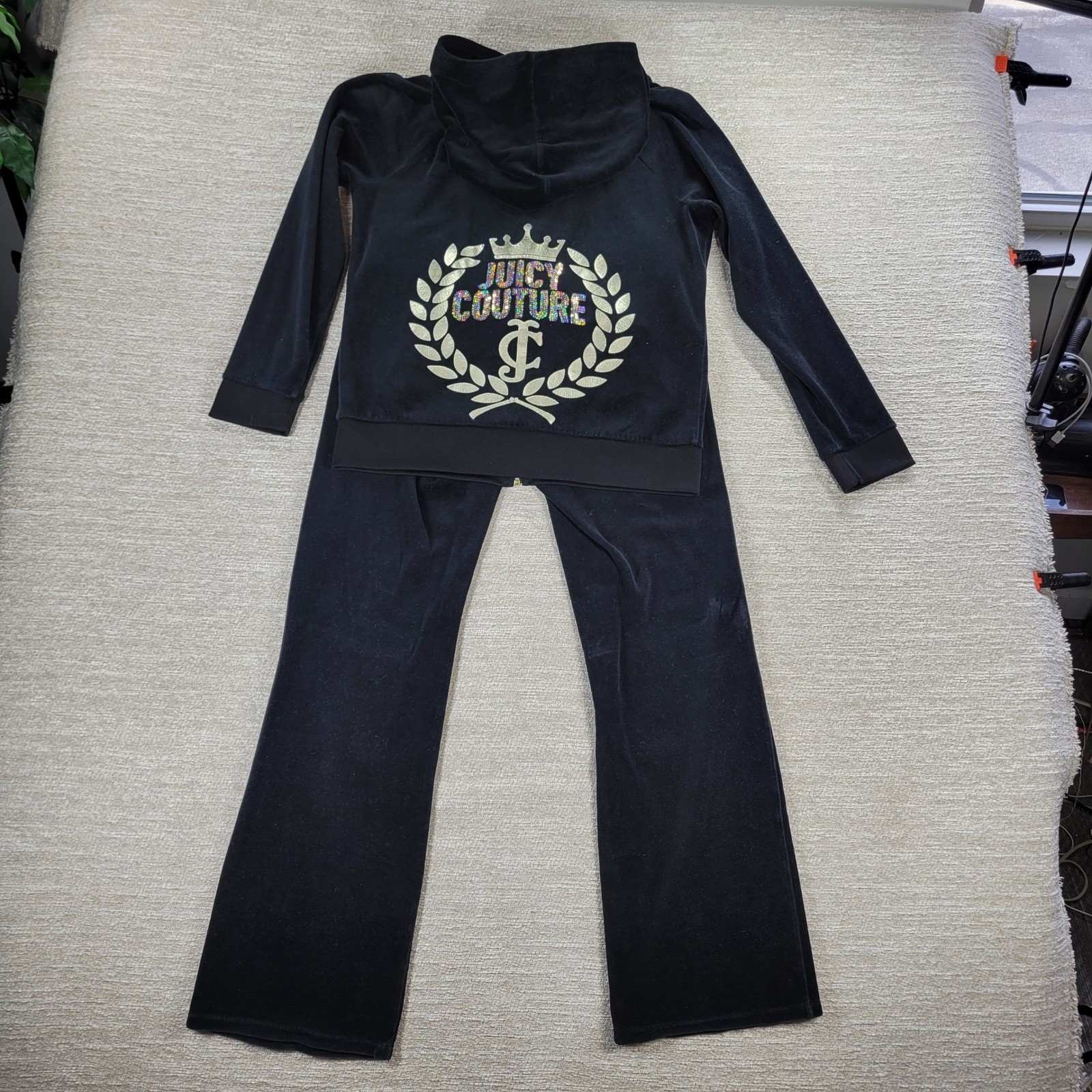 VTG Juicy Couture Velour Track Suit L Black Gold Bling Y2K Low Rise Hoodie Cozy