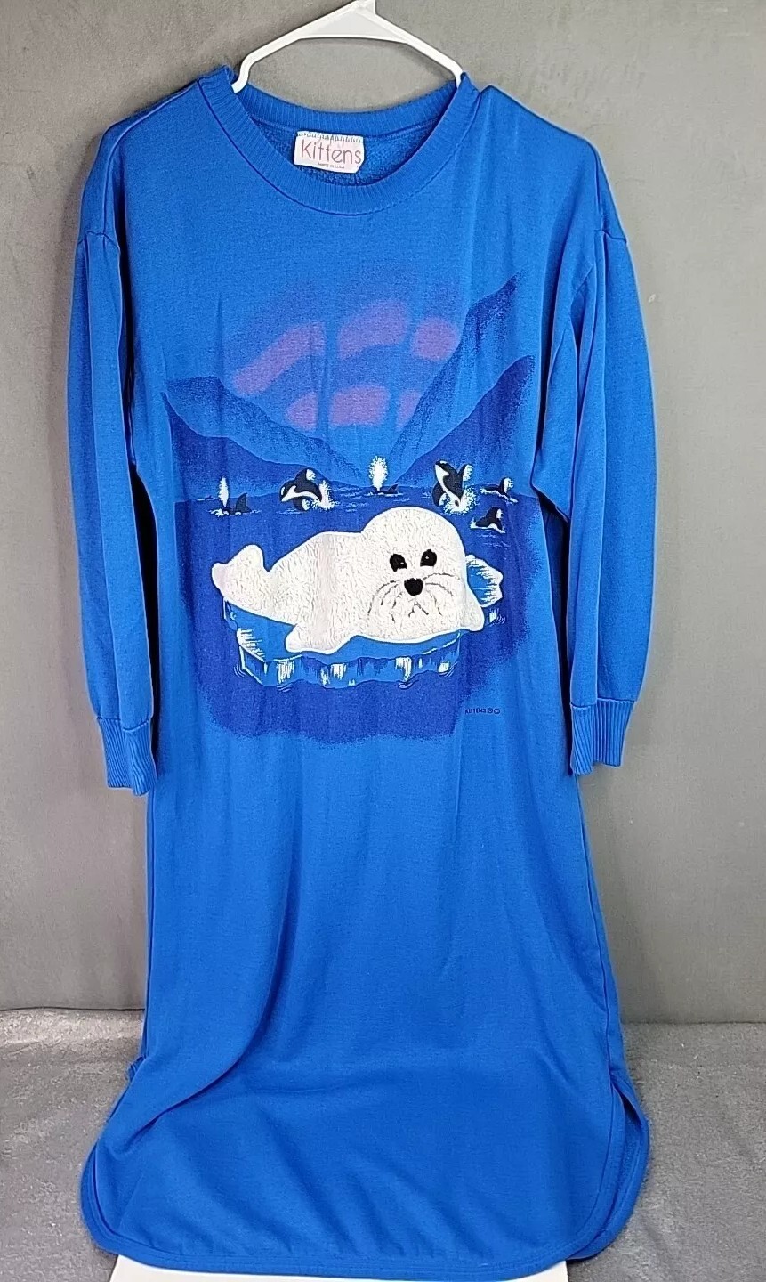 Vtg Kittens Baby Seal Sweatshirt Nightgown Granny W/ Orca Whale Graphics Sz M