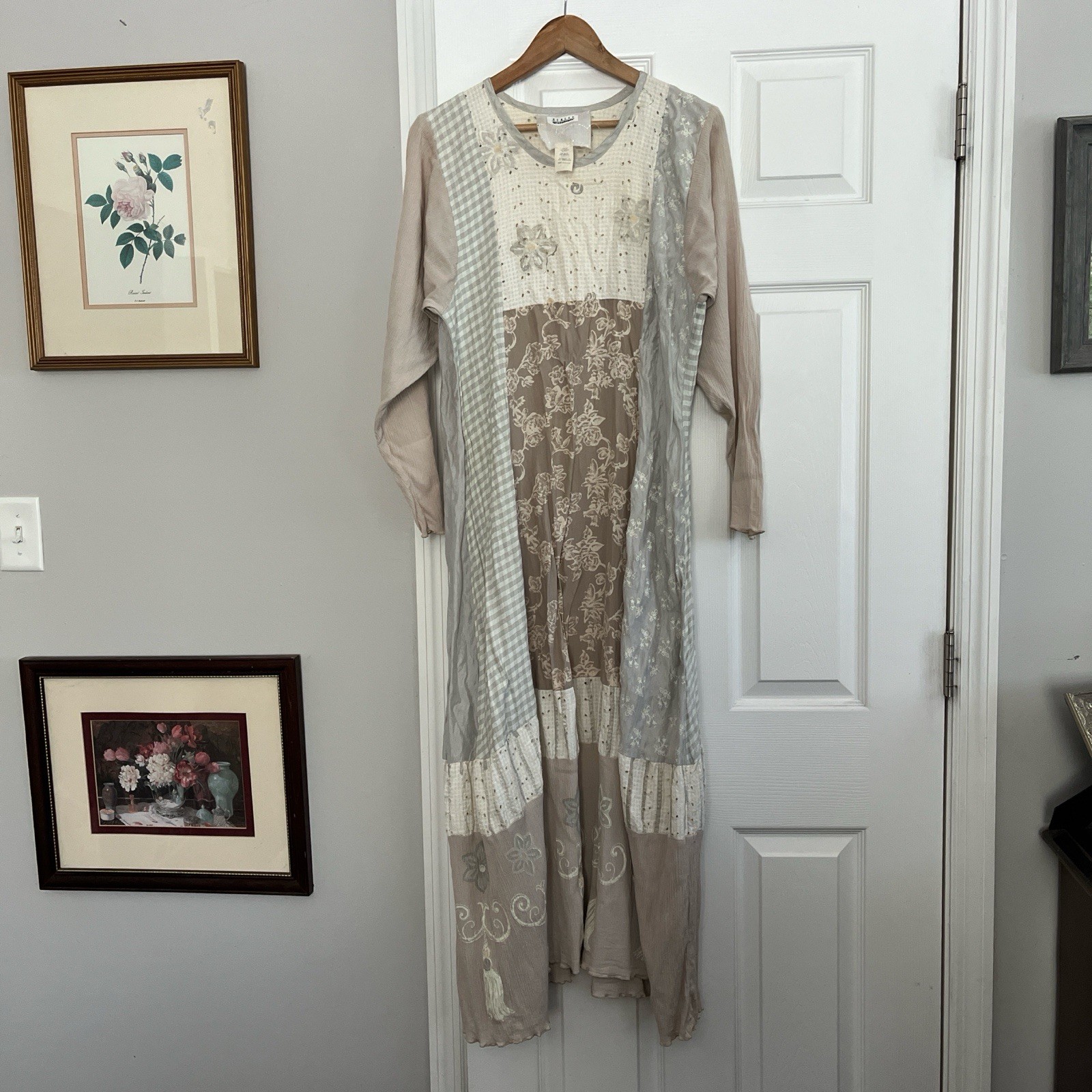 Vintage 90s Stanley Gretzinger Tan Pink Floral Patchwork Maxi Dress Boho Cottage