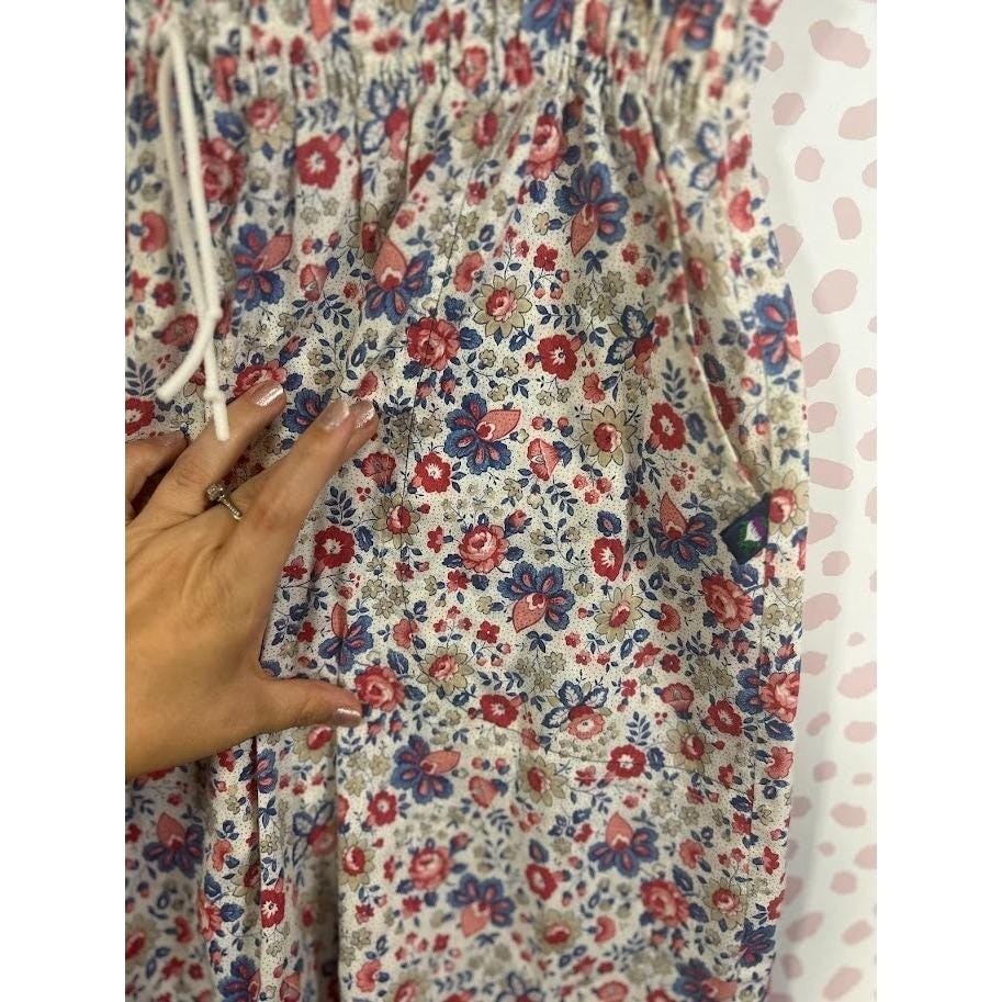 Picket and Post Vintage Floral Midi Skirt Red Blue Calico Elastic Waist Cottage