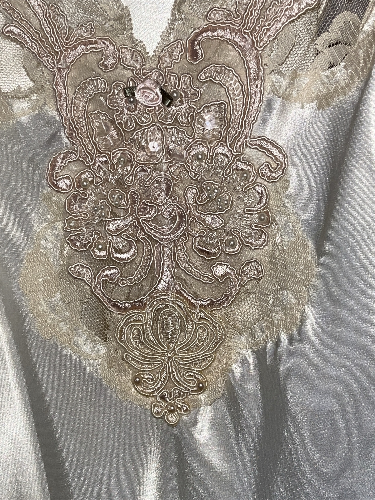 Vintage Expressions Sm Bridal Robe Gown PEIGNOIR SET Cream Sateen Lace Beading
