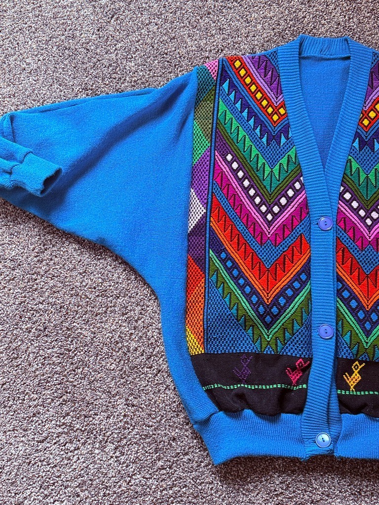 Vintage 80s Geometric Cardigan Sweater Blue Bold Retro Knit S/M