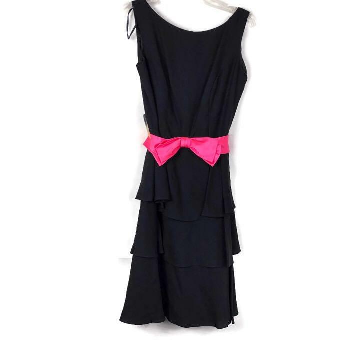 Elinor Gay Vintage Womens Siz 14 Dress Black Ruffle Sleeveless Pink Bow Belt 96K