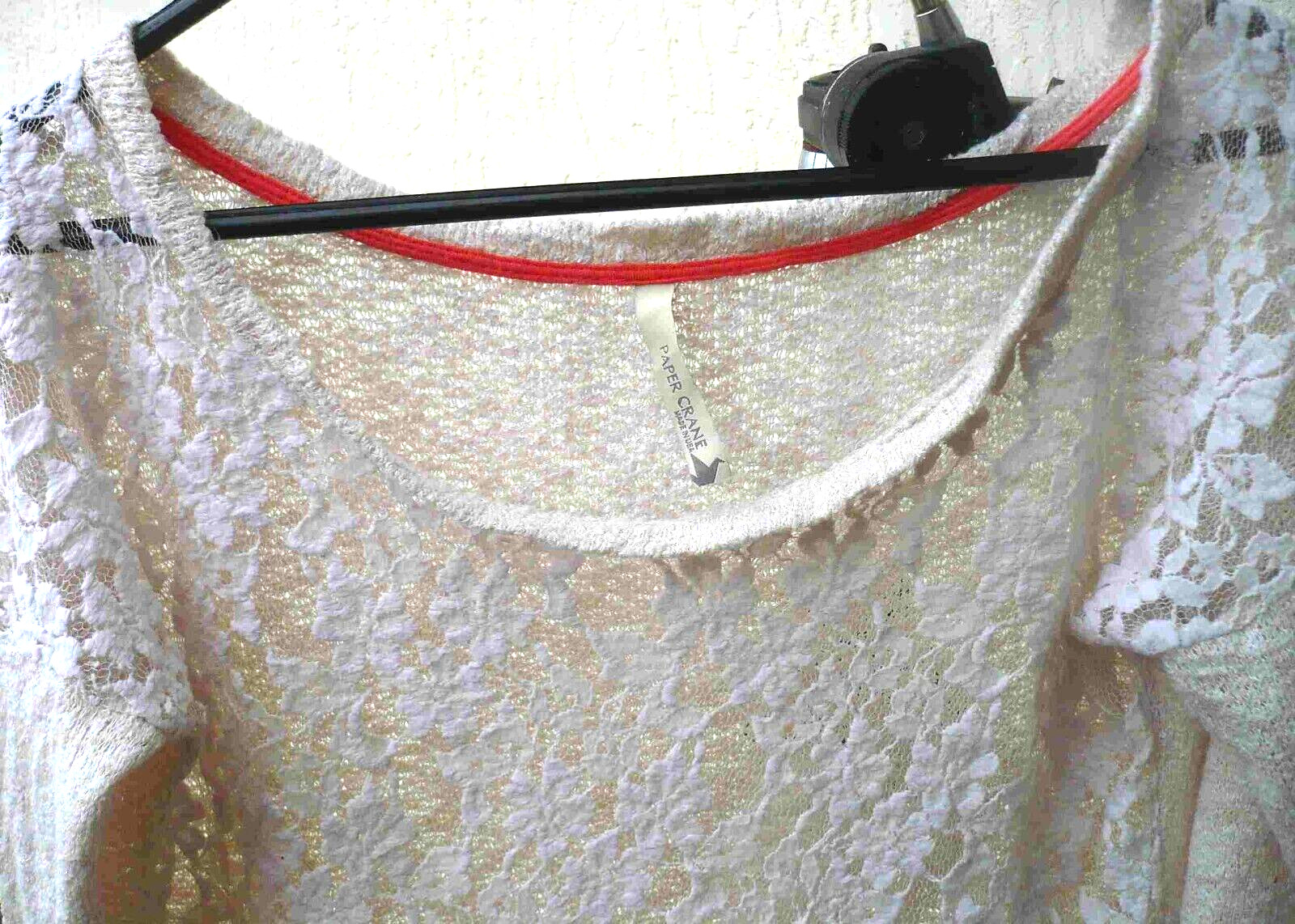 VTG PAPER CRANE IVORY SWEATER LACE MESH NET STRETCH CROP TOP L M USA MADE WOMEN