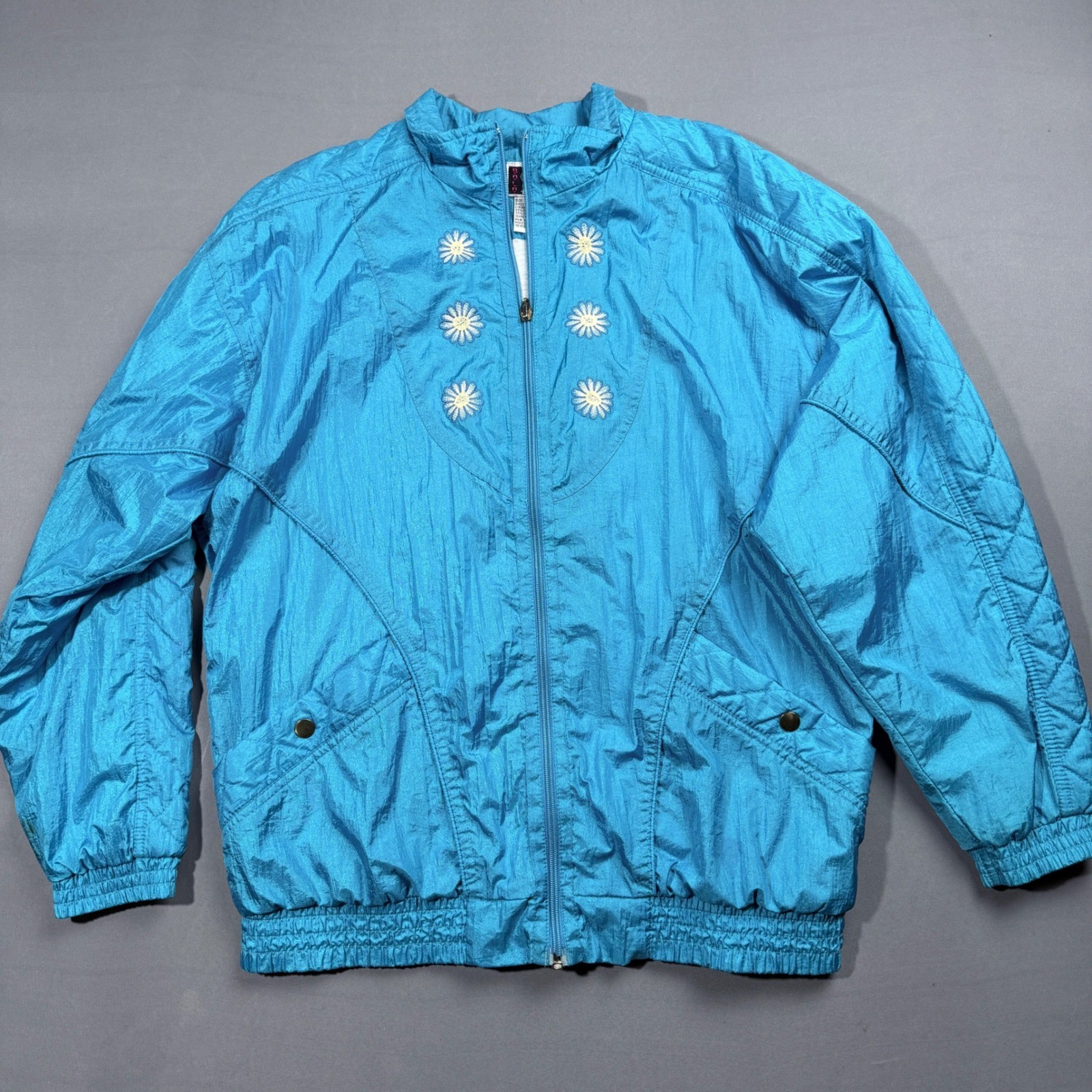 Vintage 80s Bold Spirit Turquoise Floral Nylon Zip Up Jacket Women’s Medium