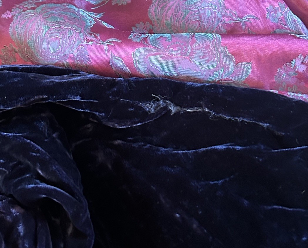 VTG 40s 50s Cocktail Dress Blue Velvet Satin Brocade Iridescent MCM Party 28W S