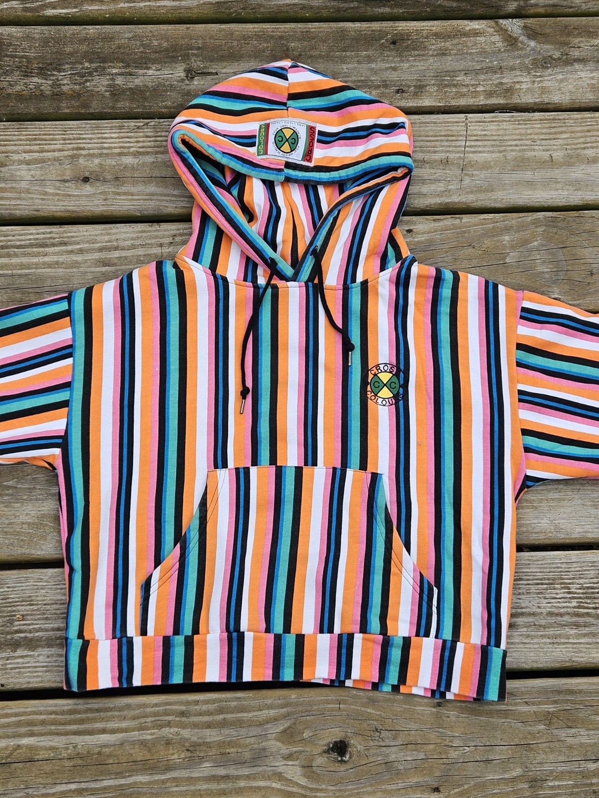 Vintage Cross Colours Cropped Hoodie Striped Hip Hop Sweatshirt Medium Rare