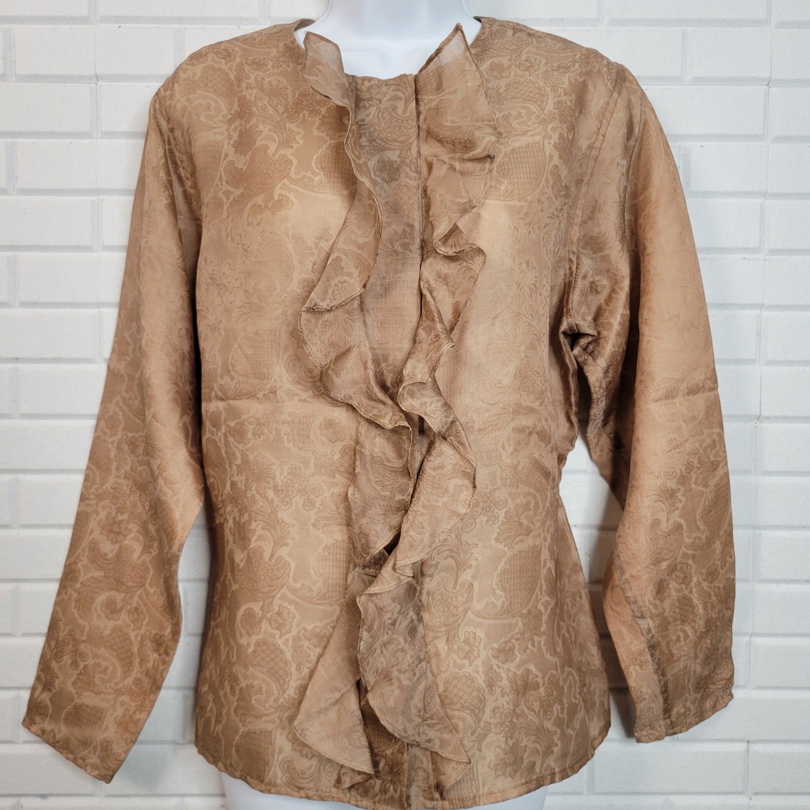 Vintage 1970s Oscar de la Renta Blouse Sz 10 Mocha Brown Ruffle Jacquard Top