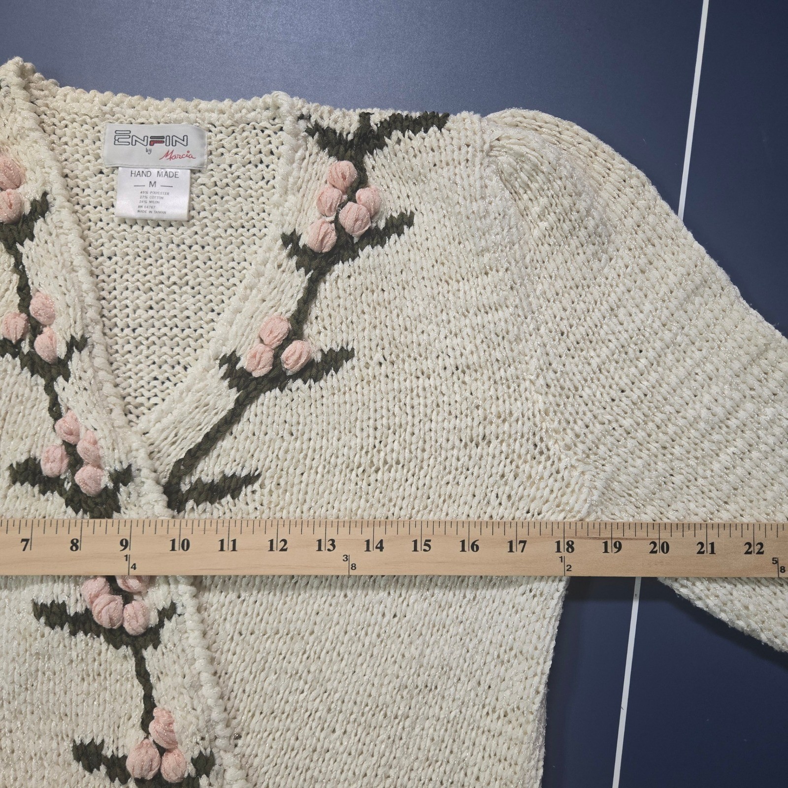 Enfin by Marcia Vintage Handmade Floral Knit Sweater Cream Pink 3D Popcorn M