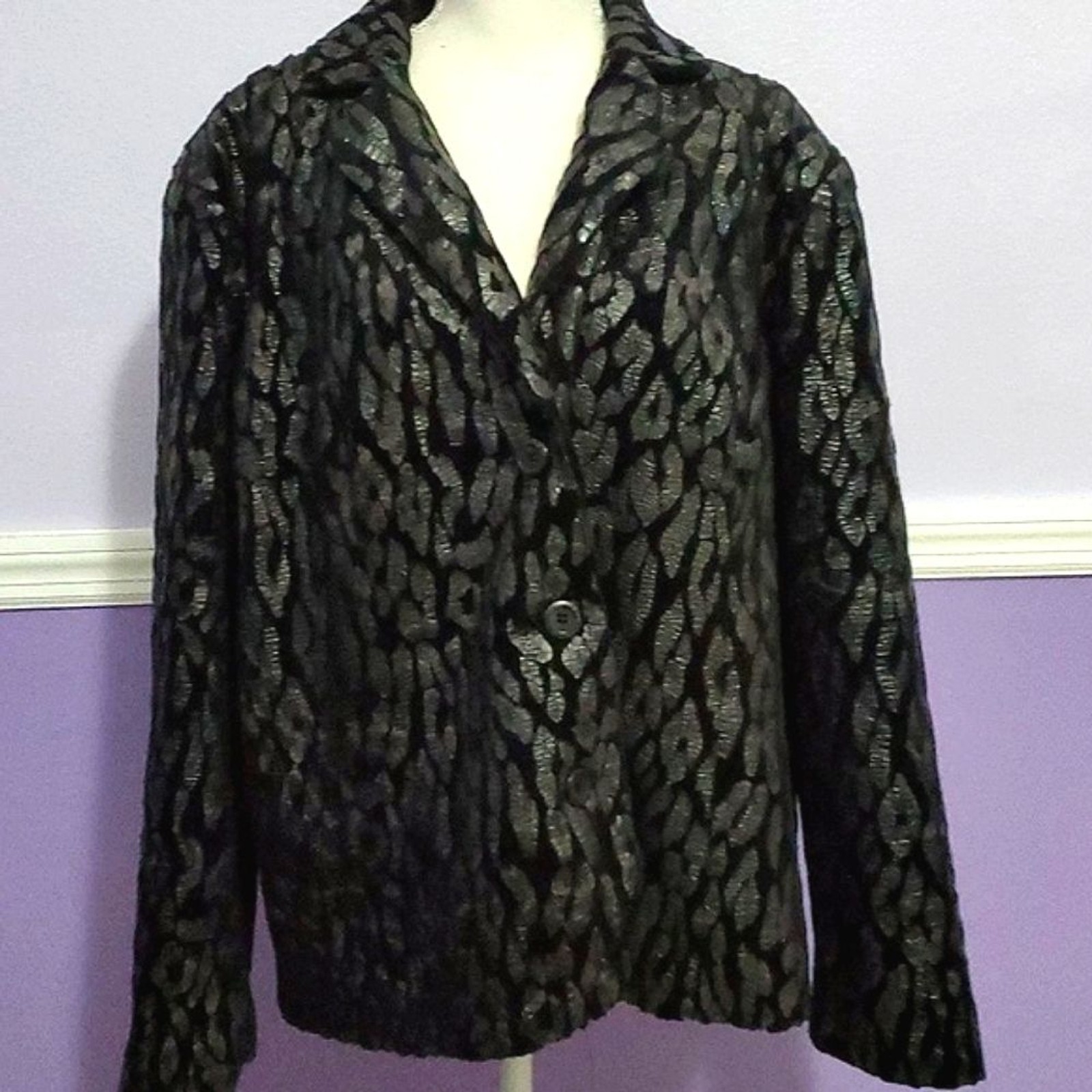 Bamboo Traders 90s Black Leopard Print Boxy Long Sleeve Two Button Blazer 1X
