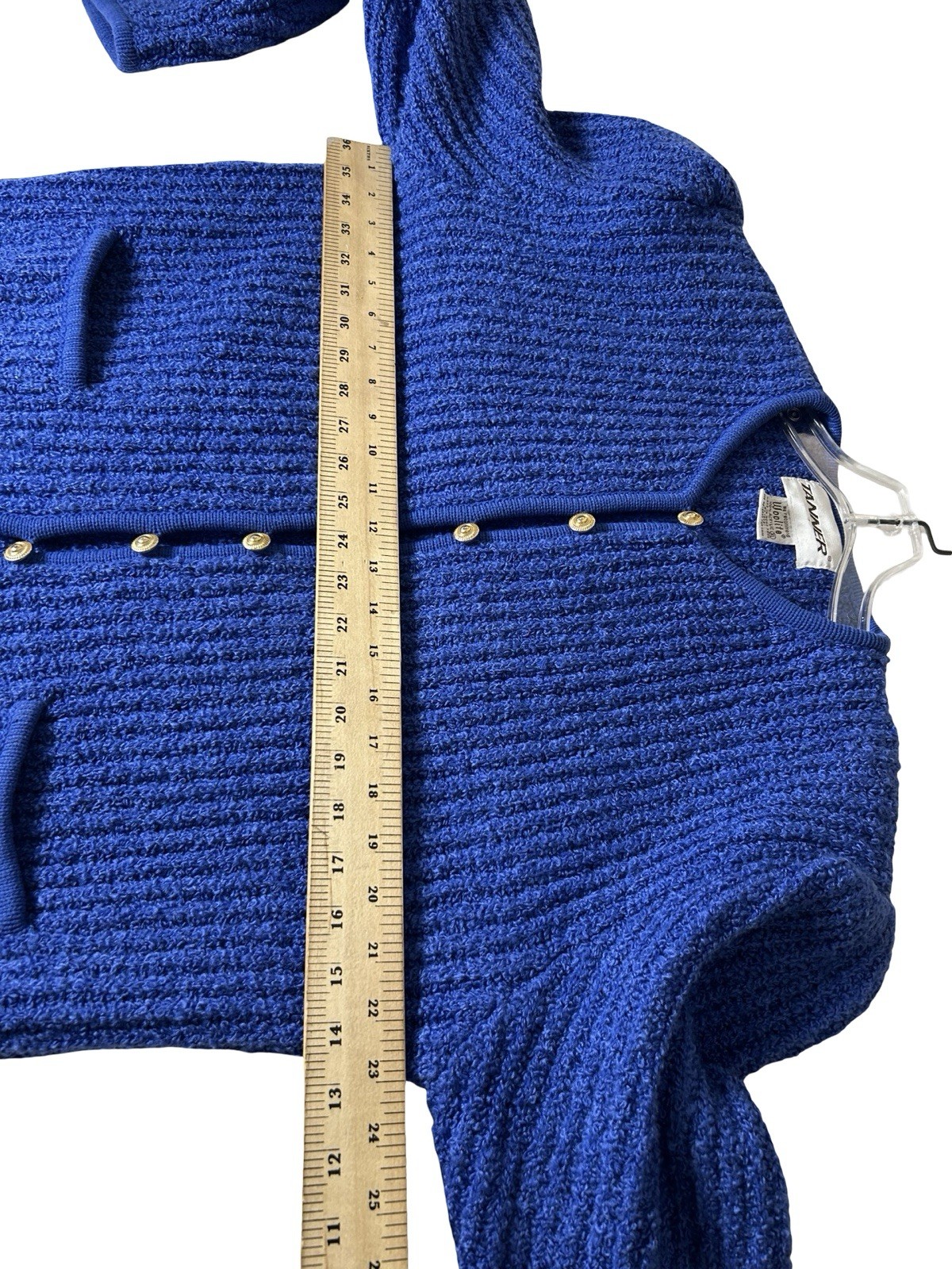 VTG TANNER Boucle Cardigan Sweater Size XL Royal Blue Gold Button Twee Hong Kong