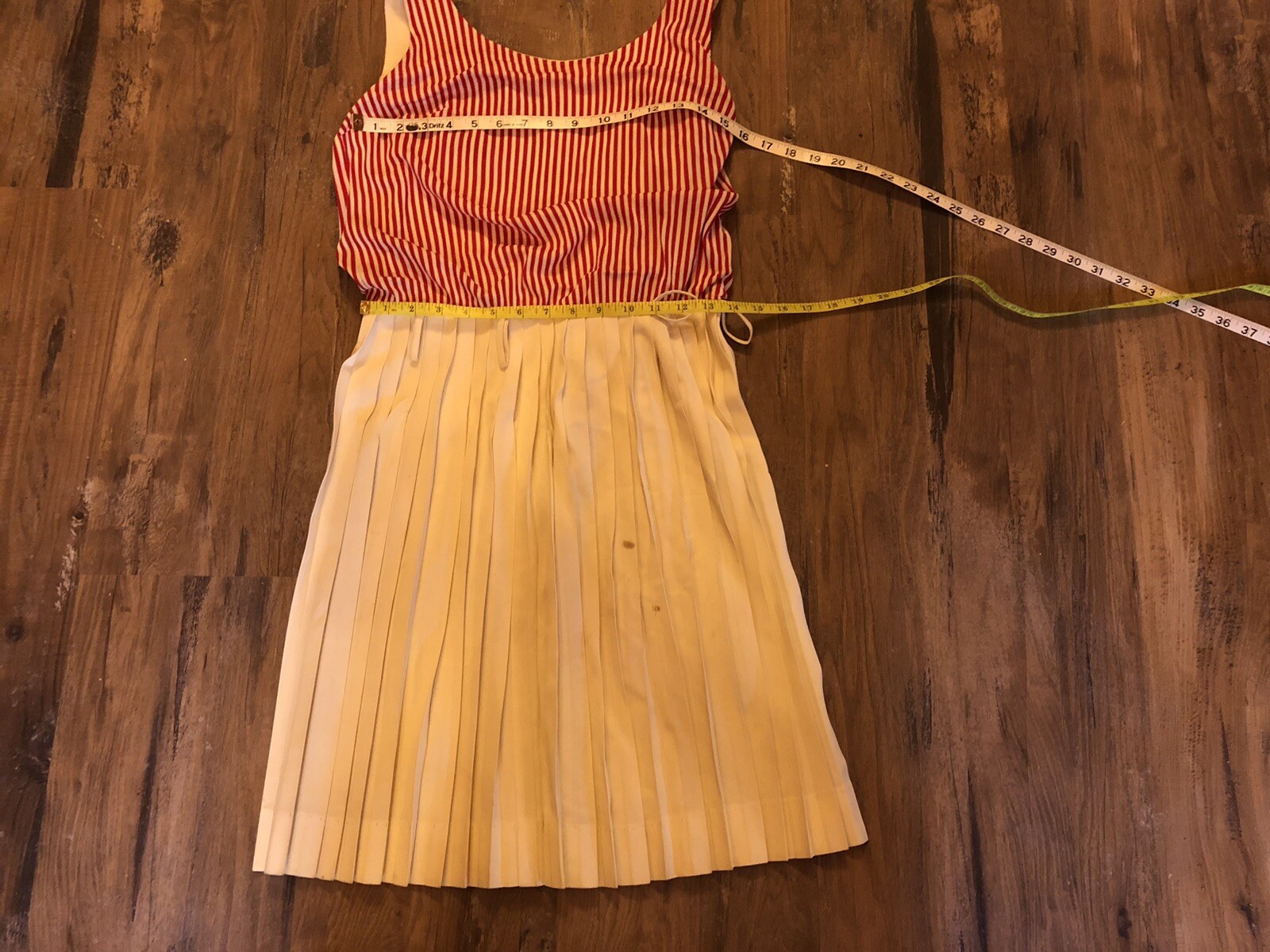 60s Red&White Striped Pleats Stanton Jrs. Mini Dress XS Hippy Chic.Stains/spots