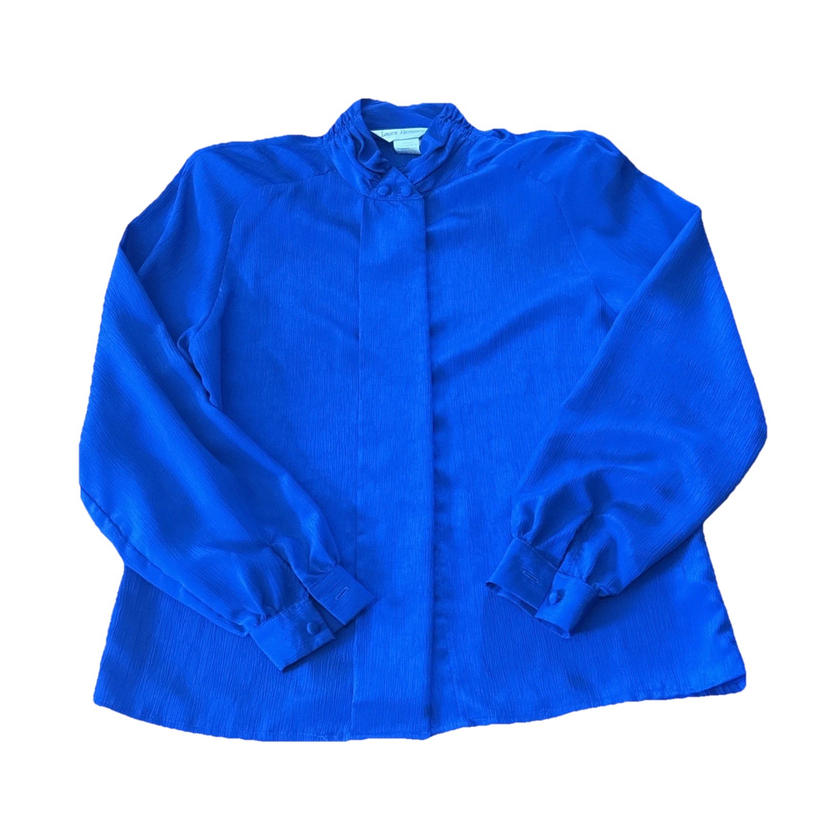 Vintage 80s Laura Henson ELECTRIC BLUE blouse sz 8 hidden buttons shoulder pads