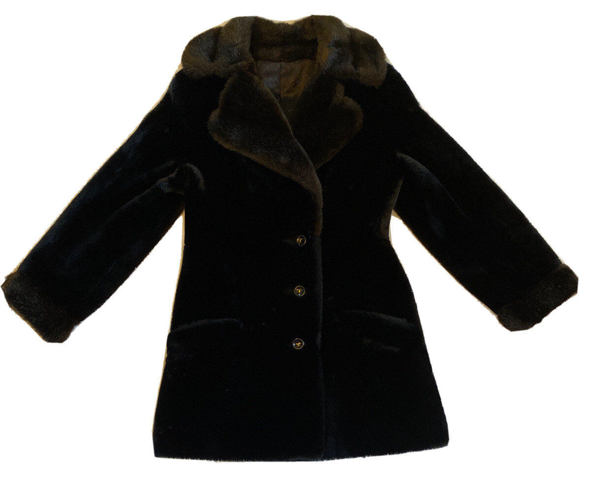 Vtg Borgana Black Faux Fur Coat Sz S Lined Russel Taylor Borg Union Made USA
