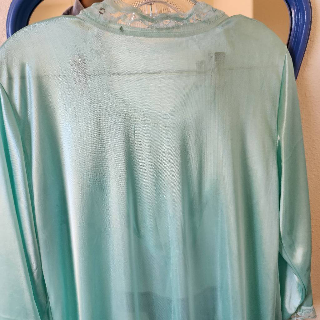 3 piece vintage Mint seafoam green robe nightgown and bottoms lace women’s S-M