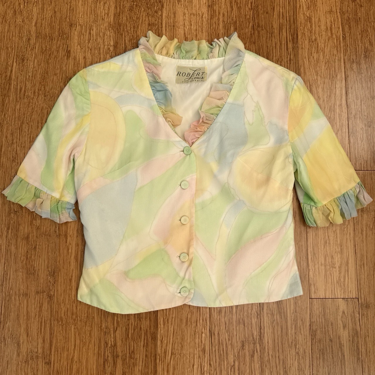 Vintage 1950s Robert Louis Pastel Multicolor Ruffle-Trim Button Front Top