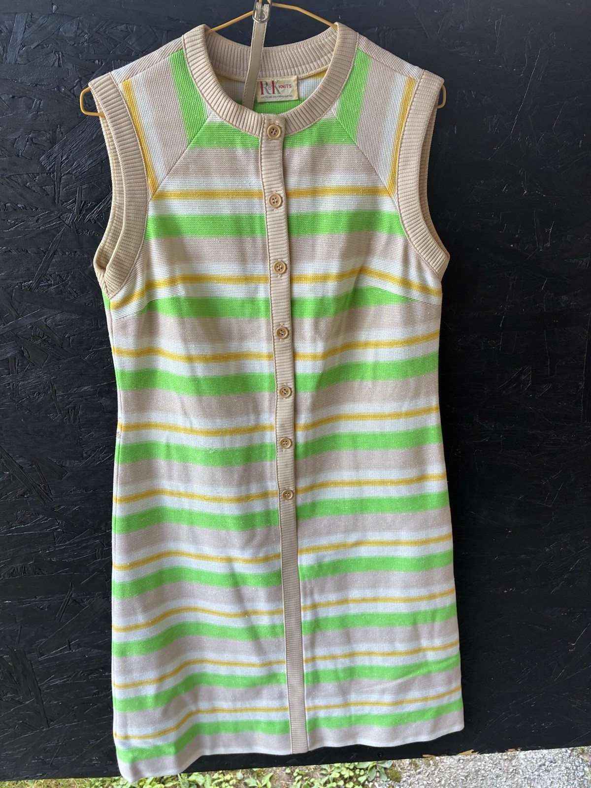 Vtg 1960s Mod Striped Dress By R&K Knits – Beidge,Yellow,Green Button Up Womens