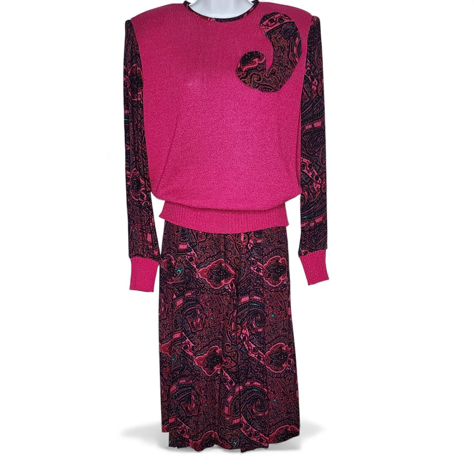 Vintage 80s Pink Paisley Two Piece Sweater Skirt Set Anthony Sicari Size 12