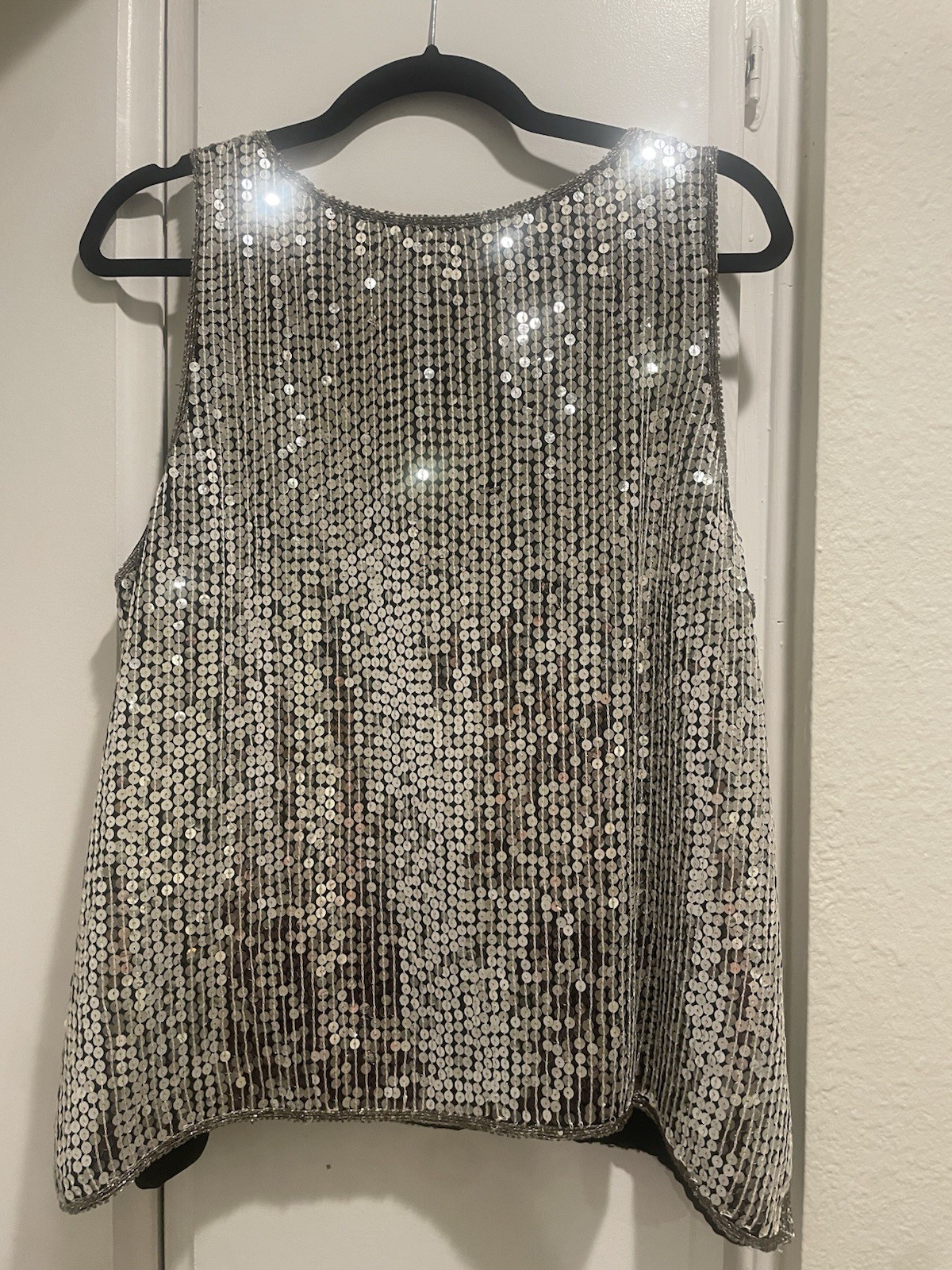 Vintage Silver Sequin Disco Tank Top Studio 54 Party Glam Sleeveless XL