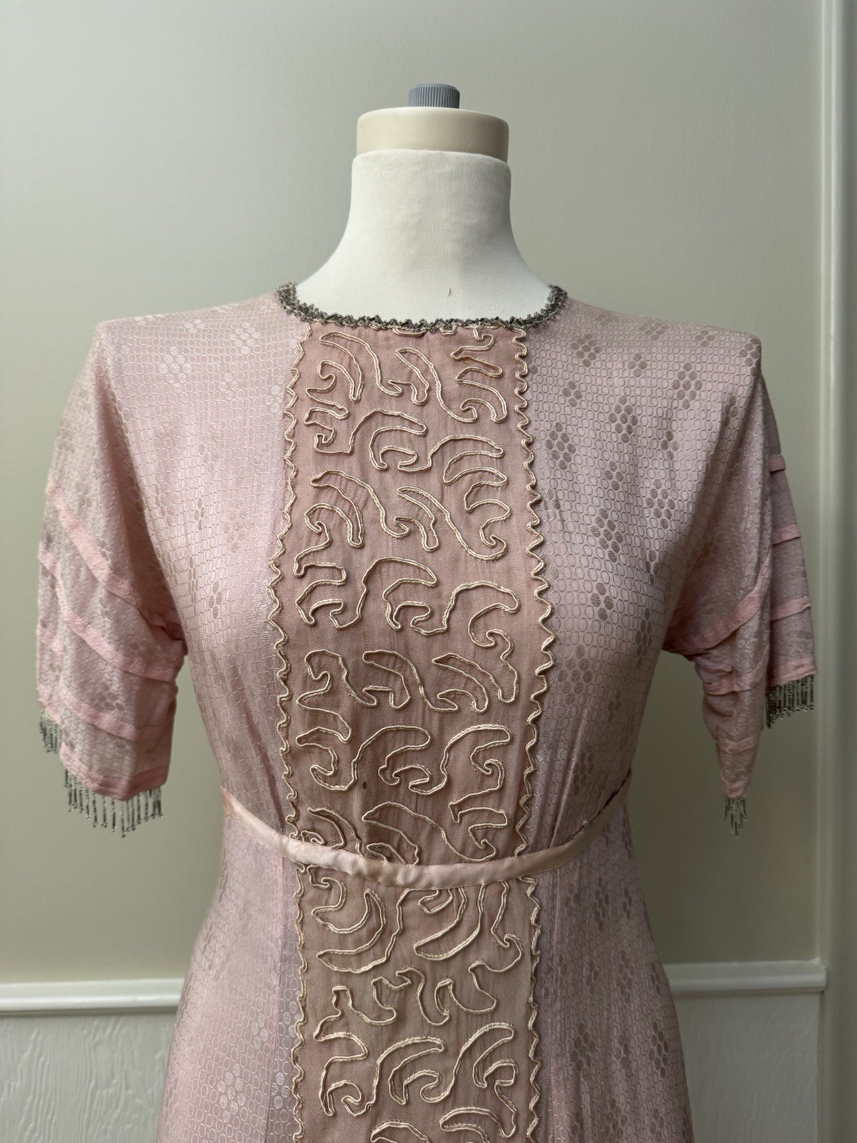 Vintage 1920s Pink Silk Jacquard Flapper Dress Soutache Bugle Bead Fringe Deco