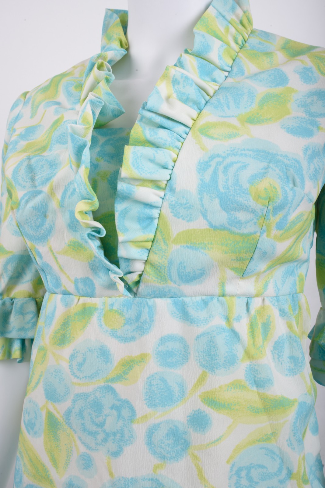 Vintage Womans Gown Midi Dress S Aqua Green Floral Empire Waist Ruffle Hawaiian