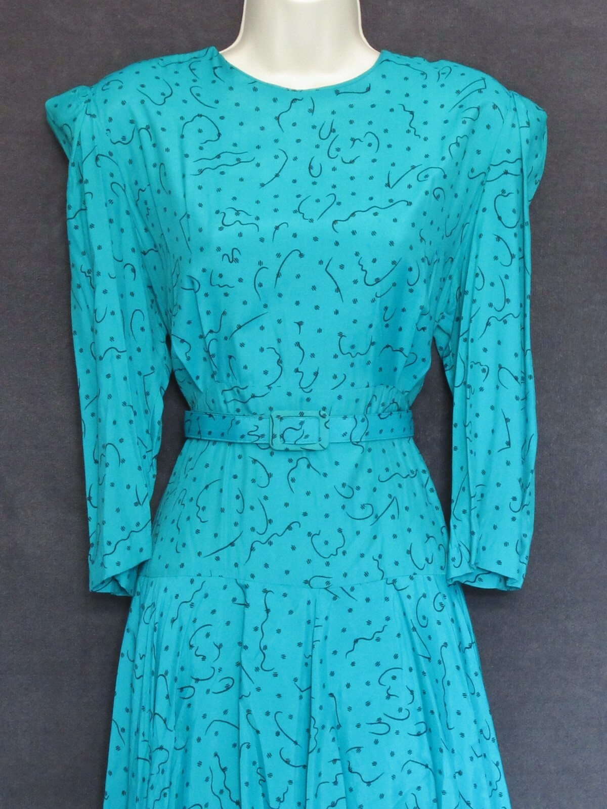 Jane Schaffhausen Belle France Teal Black 3/4 Sleeve 80’s Belted Peplum Dress 14