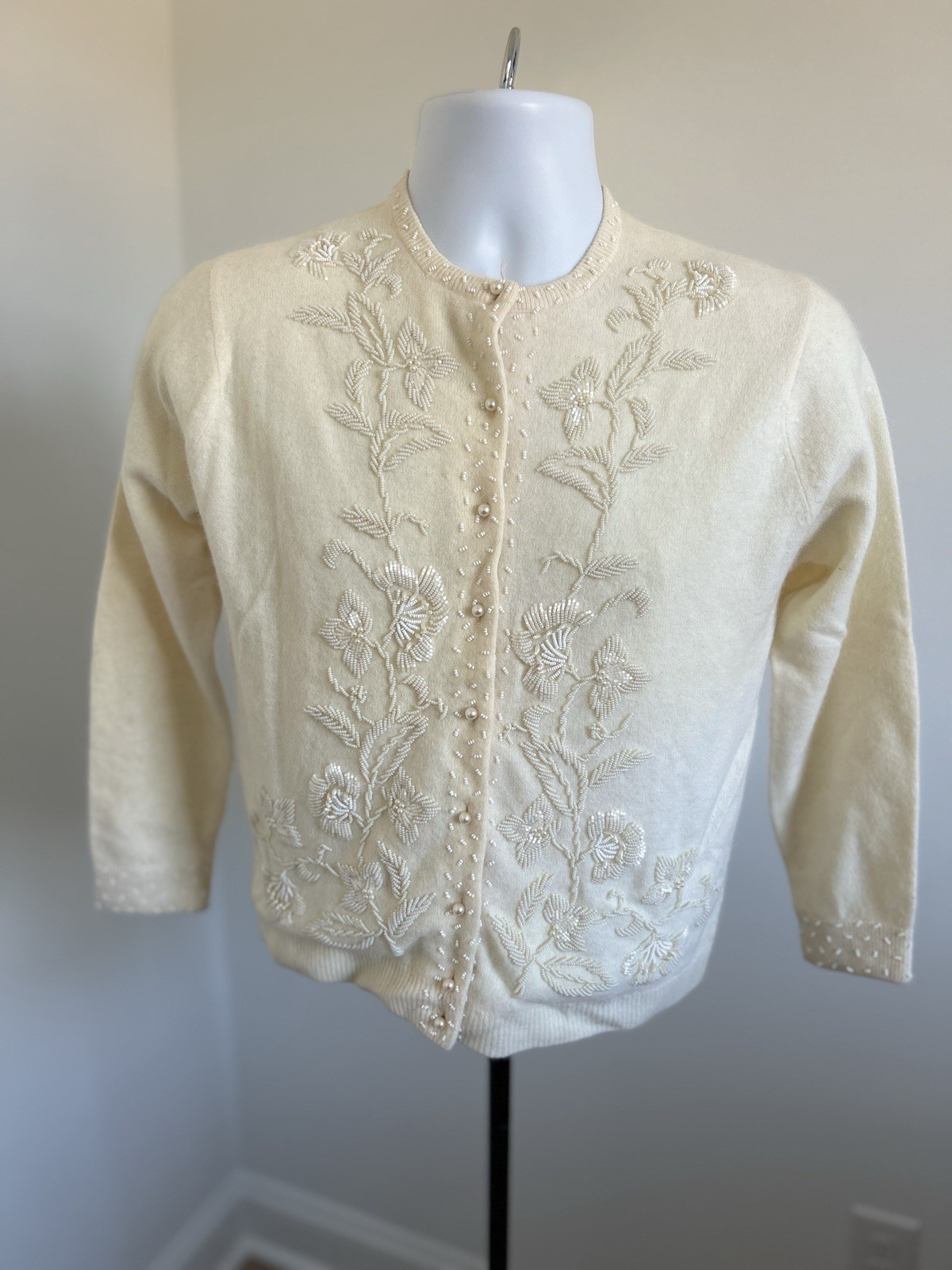 Vintage 1950’s Beaded Angora Cardigan Ivory Pearl Button Hand Embroidered