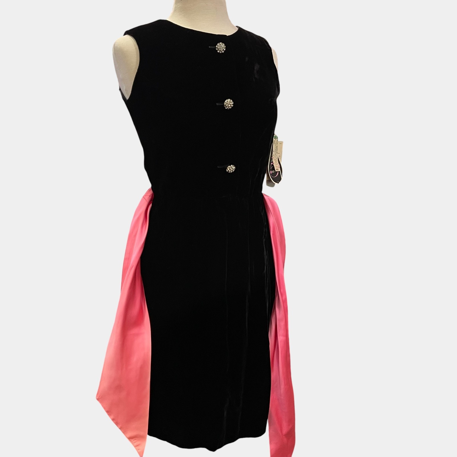 Vintage Carol Brent Black Velvet Dress Pink Satin Sash Rhinestone Buttons NOS