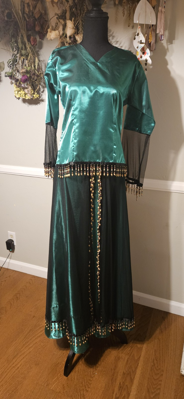 Vintage Custom Made Green 2 Piece With Beaded Hem As Is